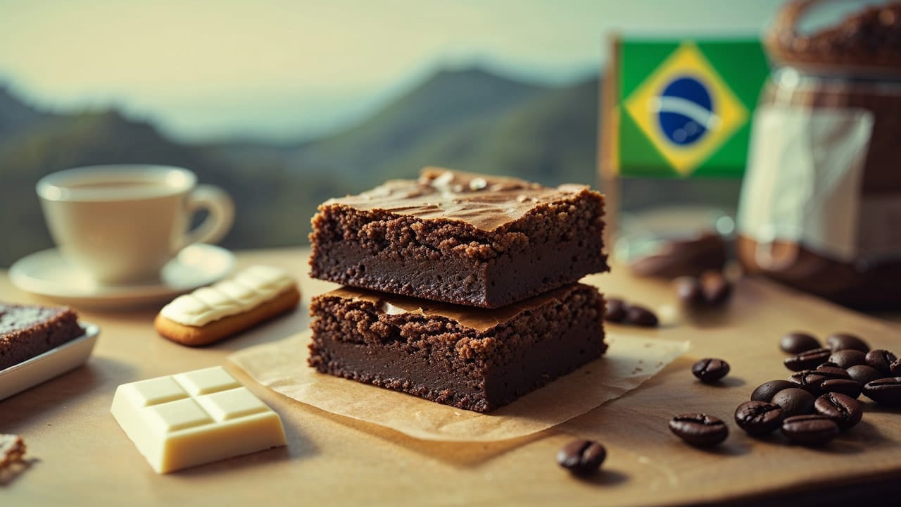 foto de dois brownies sobre papel manteiga ao lado de grãos de café, chocolate branco, uma xícara de café e bandeira do Brasil ao fundo