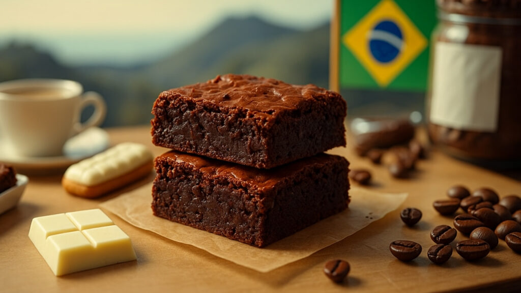 Dois pedaços de brownie de chocolate empilhados sobre papel manteiga, acompanhados de grãos de café, tablete de chocolate branco, xícara de café e bandeira do Brasil ao fundo, ilustrando o tema “História da chegada do Brownie no Brasil”