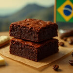 Dois pedaços de brownie de chocolate empilhados sobre papel manteiga, acompanhados de grãos de café, tablete de chocolate branco, xícara de café e bandeira do Brasil ao fundo, ilustrando o tema “História da chegada do Brownie no Brasil”