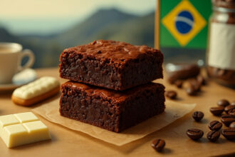 Dois pedaços de brownie de chocolate empilhados sobre papel manteiga, acompanhados de grãos de café, tablete de chocolate branco, xícara de café e bandeira do Brasil ao fundo, ilustrando o tema “História da chegada do Brownie no Brasil”