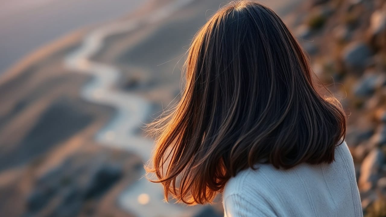 Mulher observando uma trilha entre montanhas ao pôr do sol, simbolizando jornada e reflexão