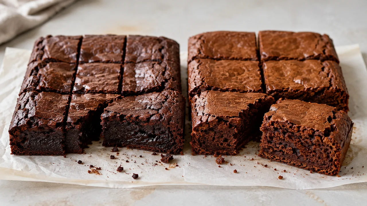 Comparação visual de brownie com manteiga e brownie com margarina, mostrando diferenças de densidade e textura