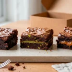 Três brownies gourmet: clássico, pistache e caramelo, com embalagem ao fundo