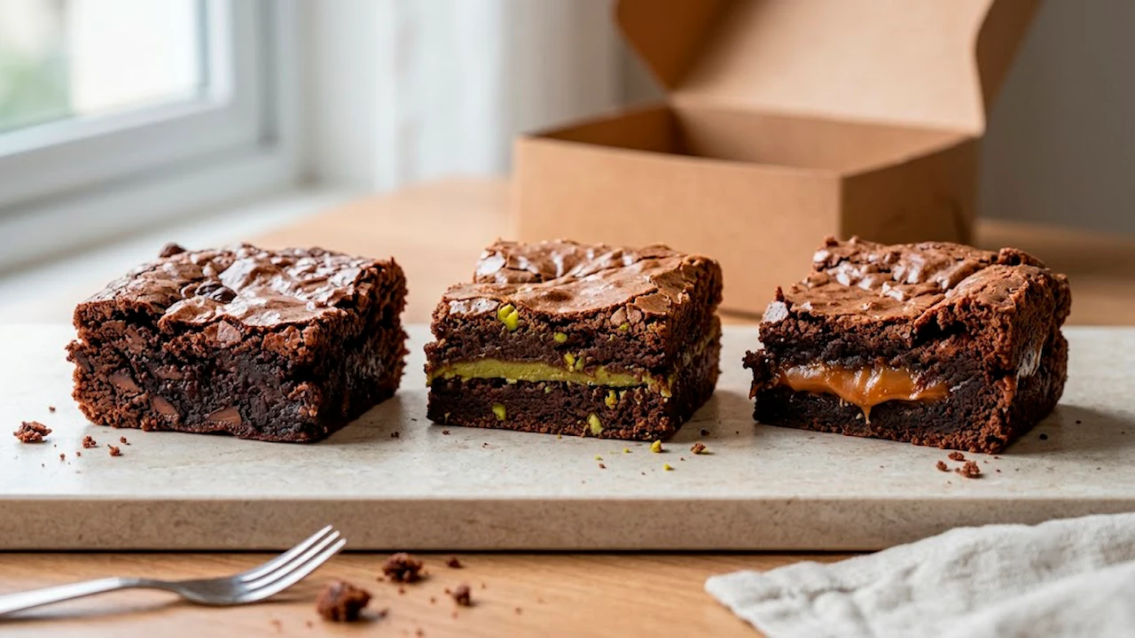 Três brownies gourmet: clássico, pistache e caramelo, com embalagem ao fundo