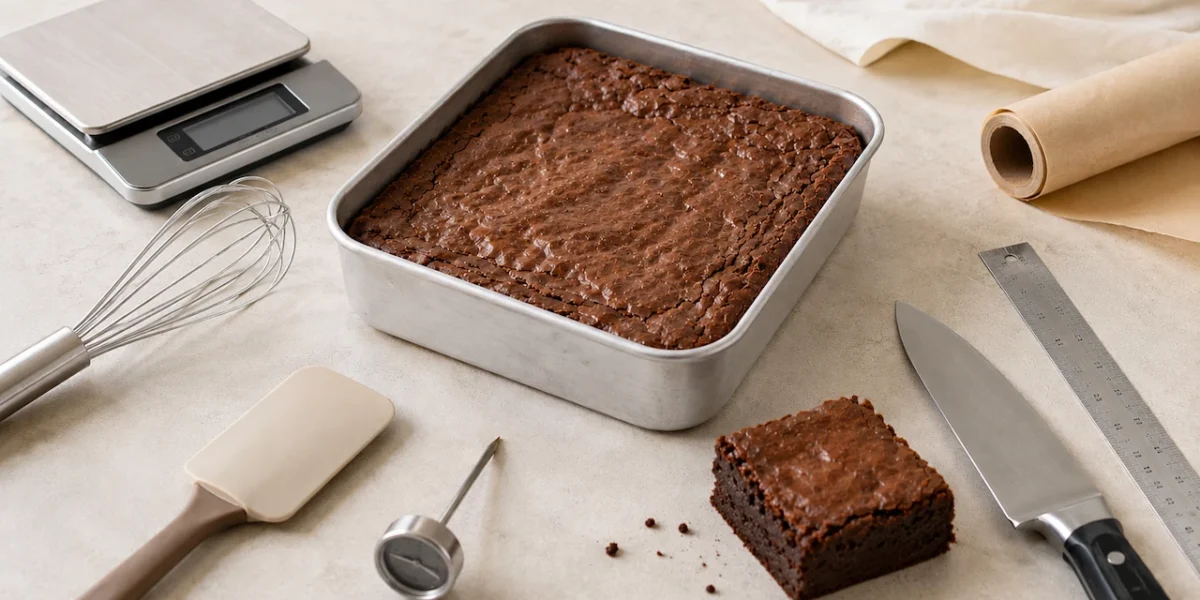 Brownie em forma quadrada cercado por balança, fuet, espátula, termômetro, faca e régua