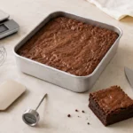Brownie em forma quadrada cercado por balança, fuet, espátula, termômetro, faca e régua