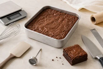 Brownie em forma quadrada cercado por balança, fuet, espátula, termômetro, faca e régua