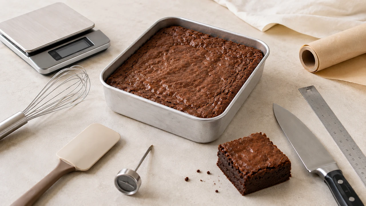 Brownie em forma quadrada cercado por balança, fuet, espátula, termômetro, faca e régua