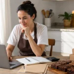 Confeiteira organizando o MEI em uma cozinha com notebook, caderno, calculadora, brownies e caixas para venda