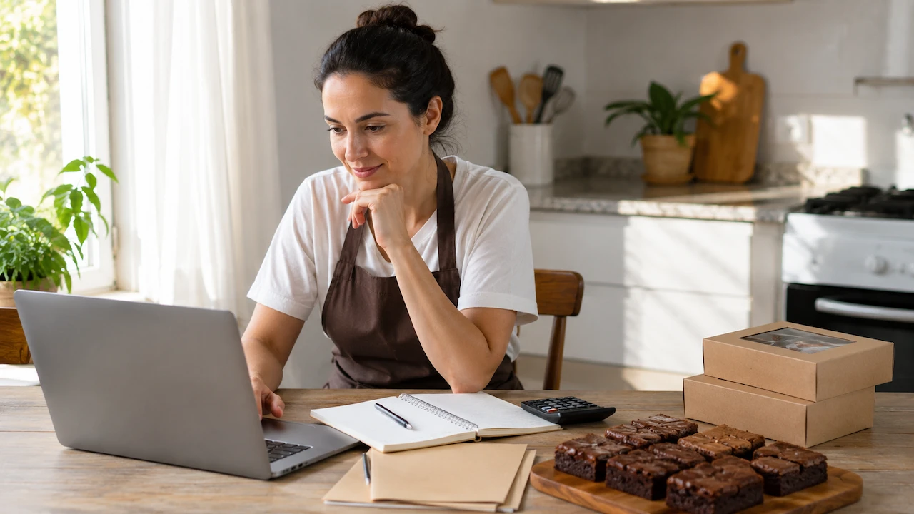 Confeiteira organizando o MEI em uma cozinha com notebook, caderno, calculadora, brownies e caixas para venda