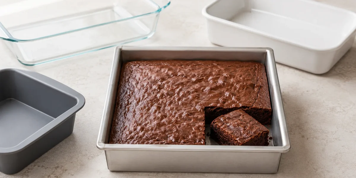 Brownie assado em forma quadrada de alumínio claro, acompanhado por formas de vidro, cerâmica e silicone.