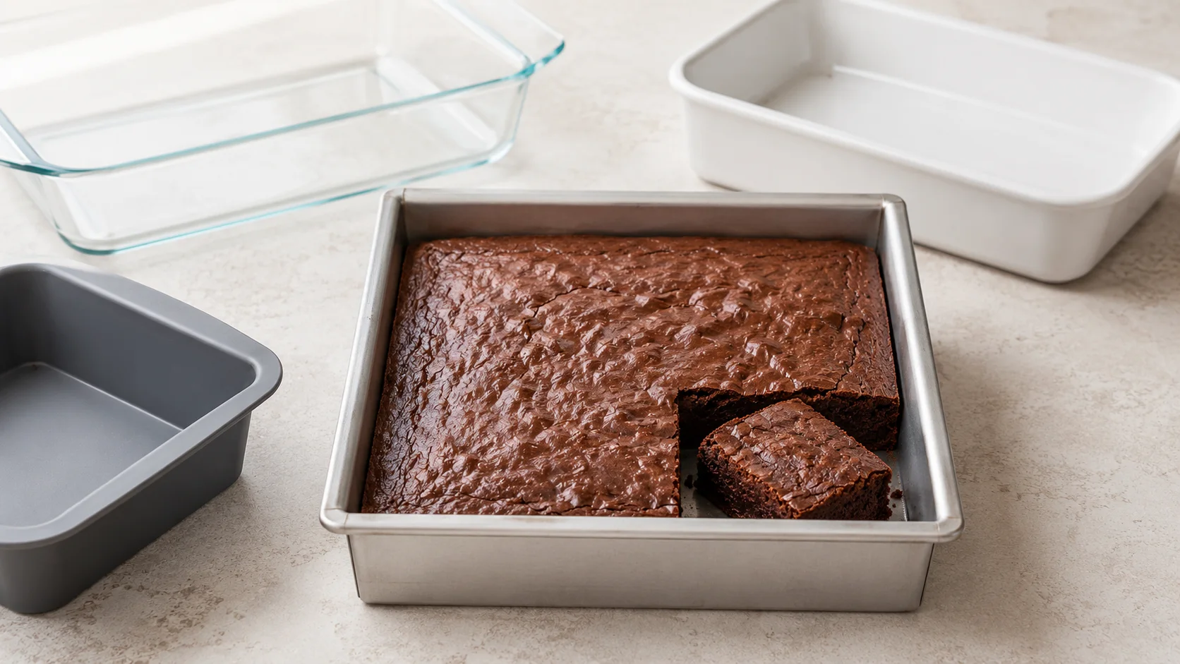 Brownie assado em forma quadrada de alumínio claro, acompanhado por formas de vidro, cerâmica e silicone.