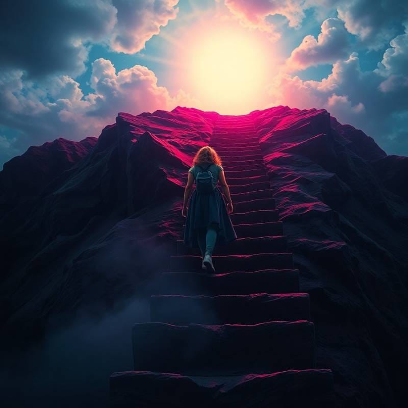 mulher subindo uma escadaria
