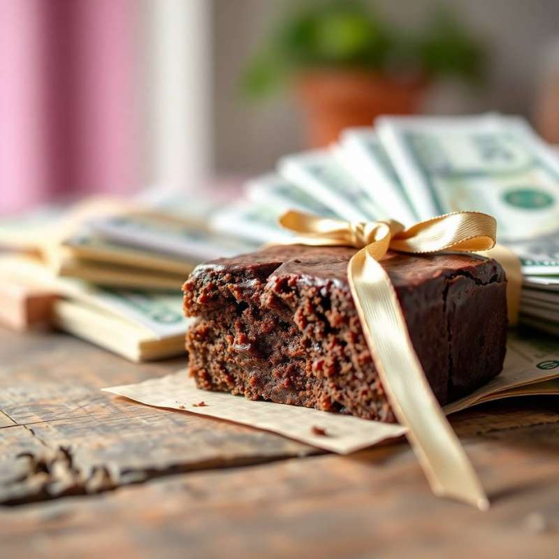 brownie com uma fita no topo e dinheiro atrás