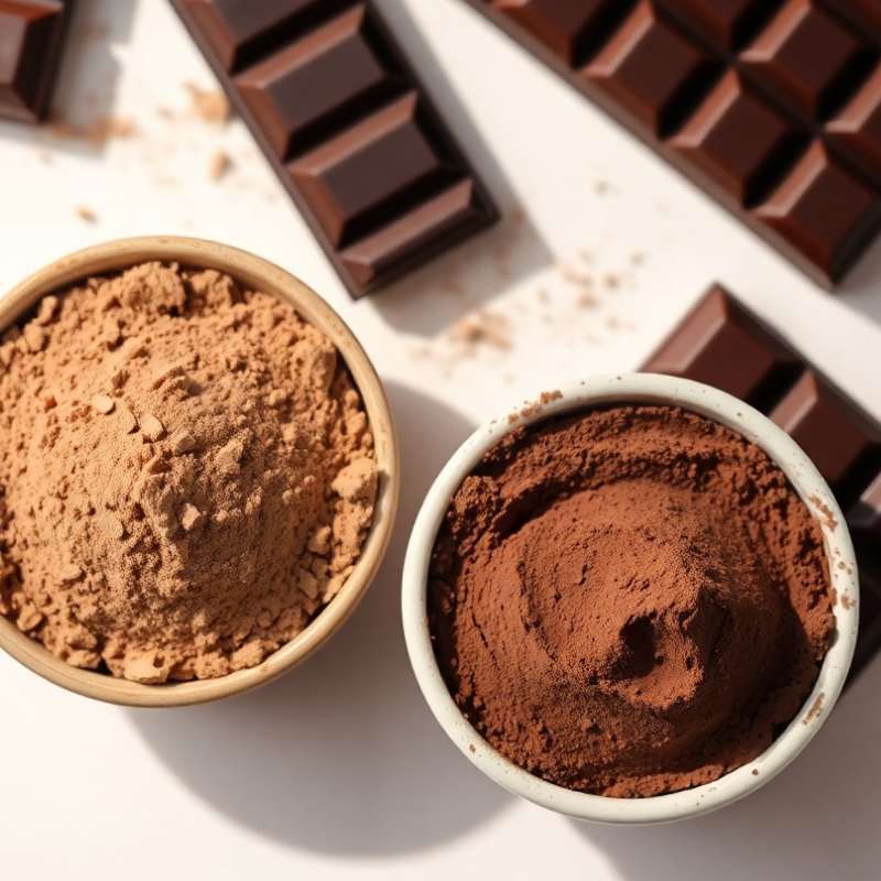 Comparação entre cacau natural e cacau alcalino para brownies, com textura e cor destacadas.
