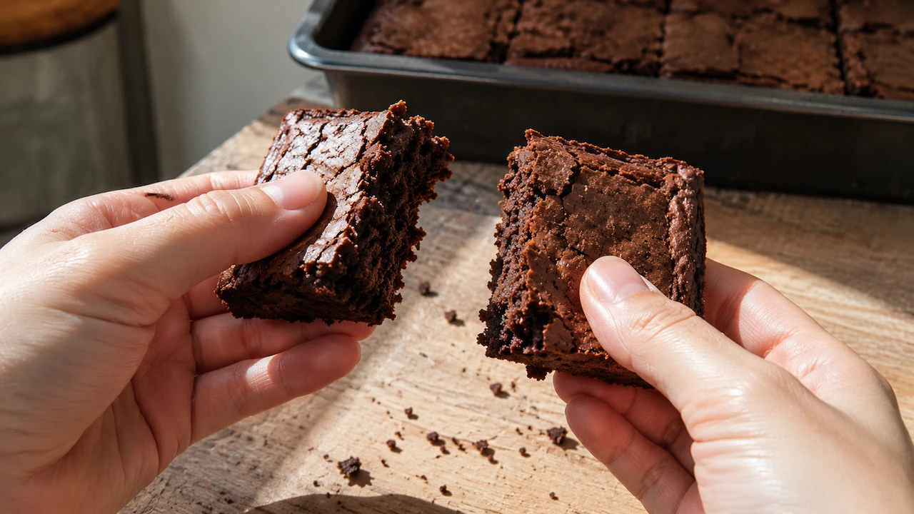 Mãos partindo um brownie seco e firme ao meio, com migalhas sobre uma tábua