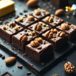 Brownies gourmet com castanhas e chocolate premium, cercados por ingredientes nobres sobre superfície escura
