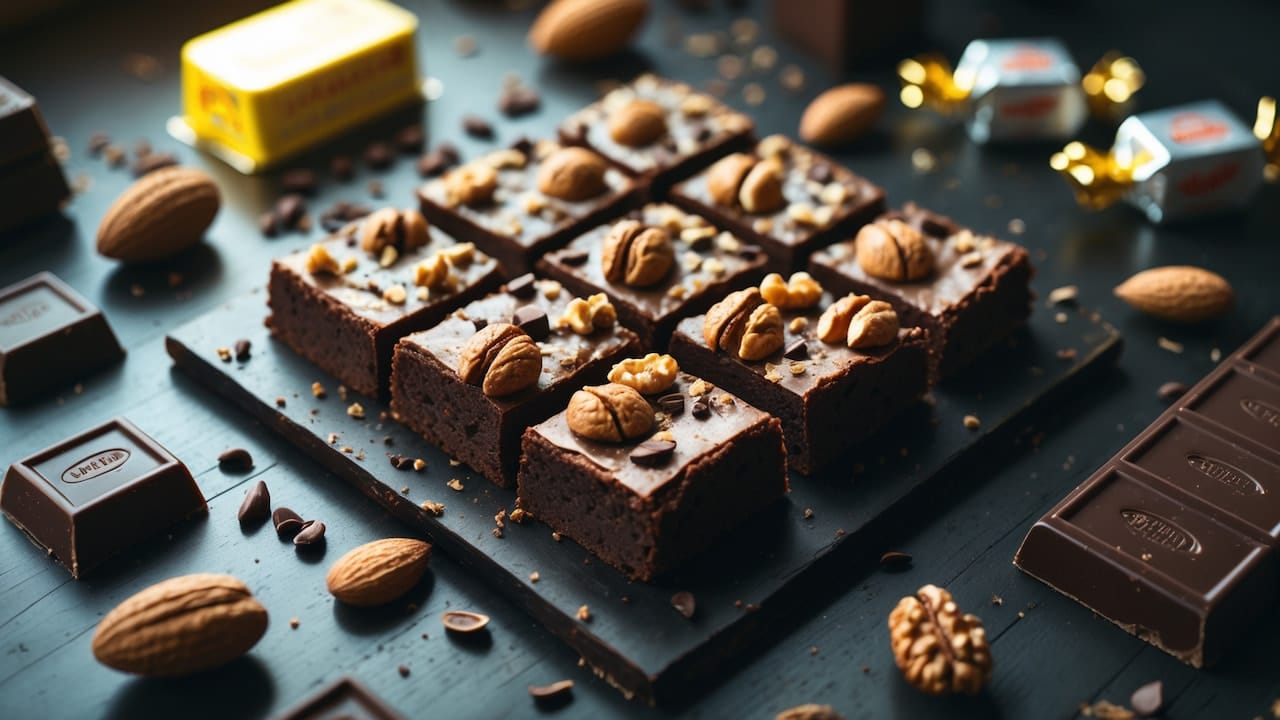 Brownies gourmet com castanhas e chocolate premium, cercados por ingredientes nobres sobre superfície escura