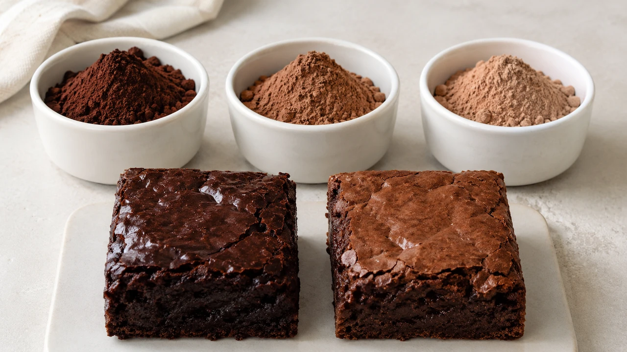 Cacau, chocolate em pó e achocolatado ao lado de dois brownies
