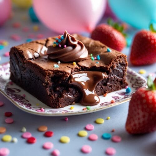 Brownie decorado com confeitos coloridos e frutas vermelhas, em cenário de festa.