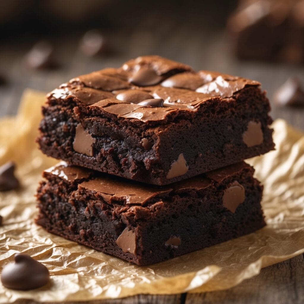 Dois brownies de chocolate com casquinha crocante e pedaços de chocolate derretido.