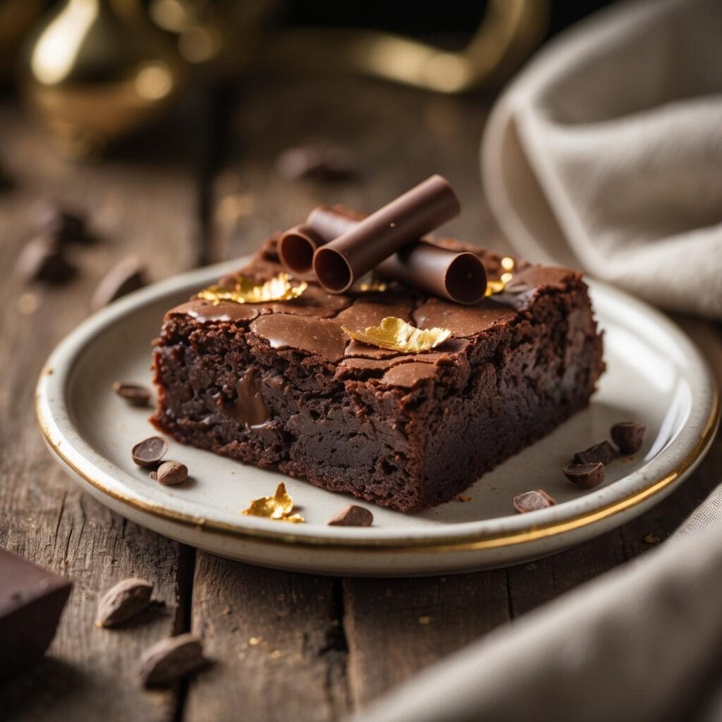 Brownie gourmet sobre prato elegante, com cobertura em ouro e detalhes sofisticados.