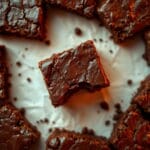 foto com um pedaço de brownie mordido, em cima de papel manteiga com outros brownies em volta