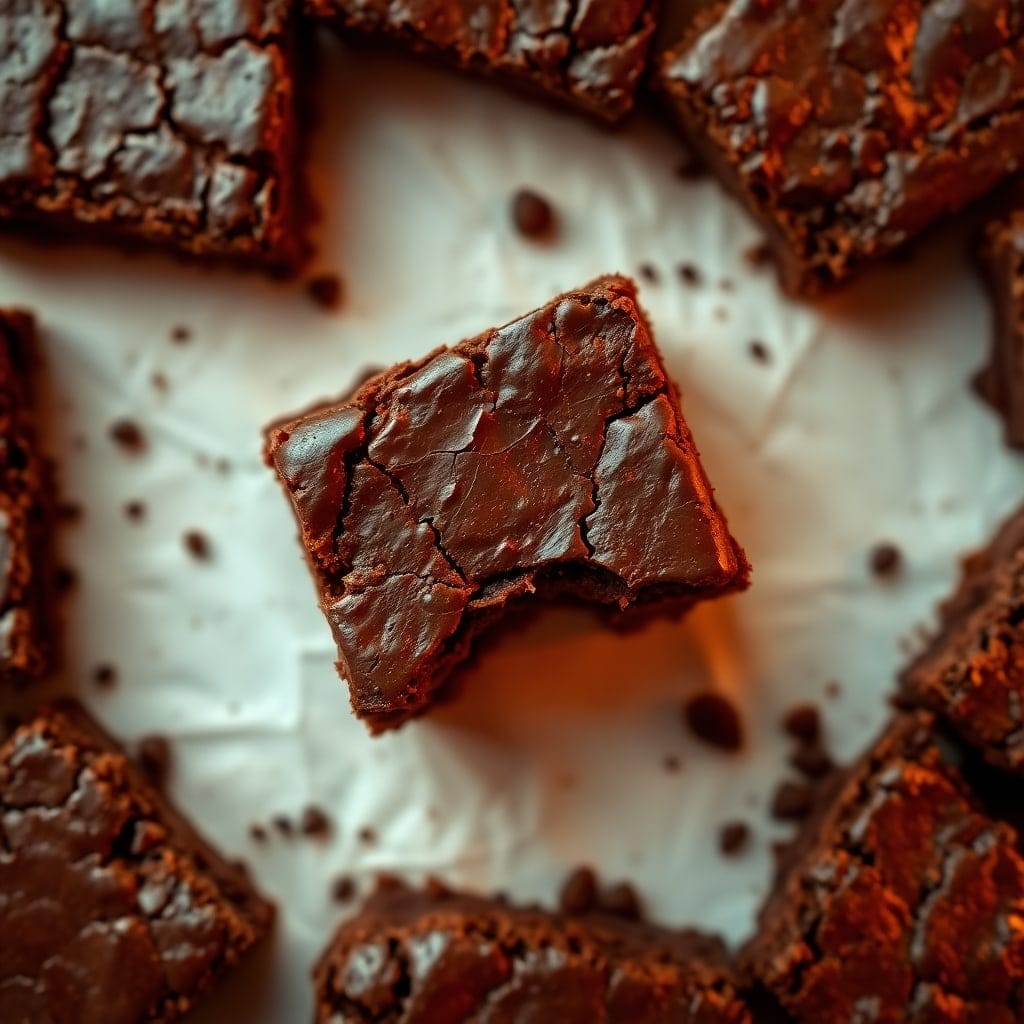 foto com um pedaço de brownie mordido, em cima de papel manteiga com outros brownies em volta