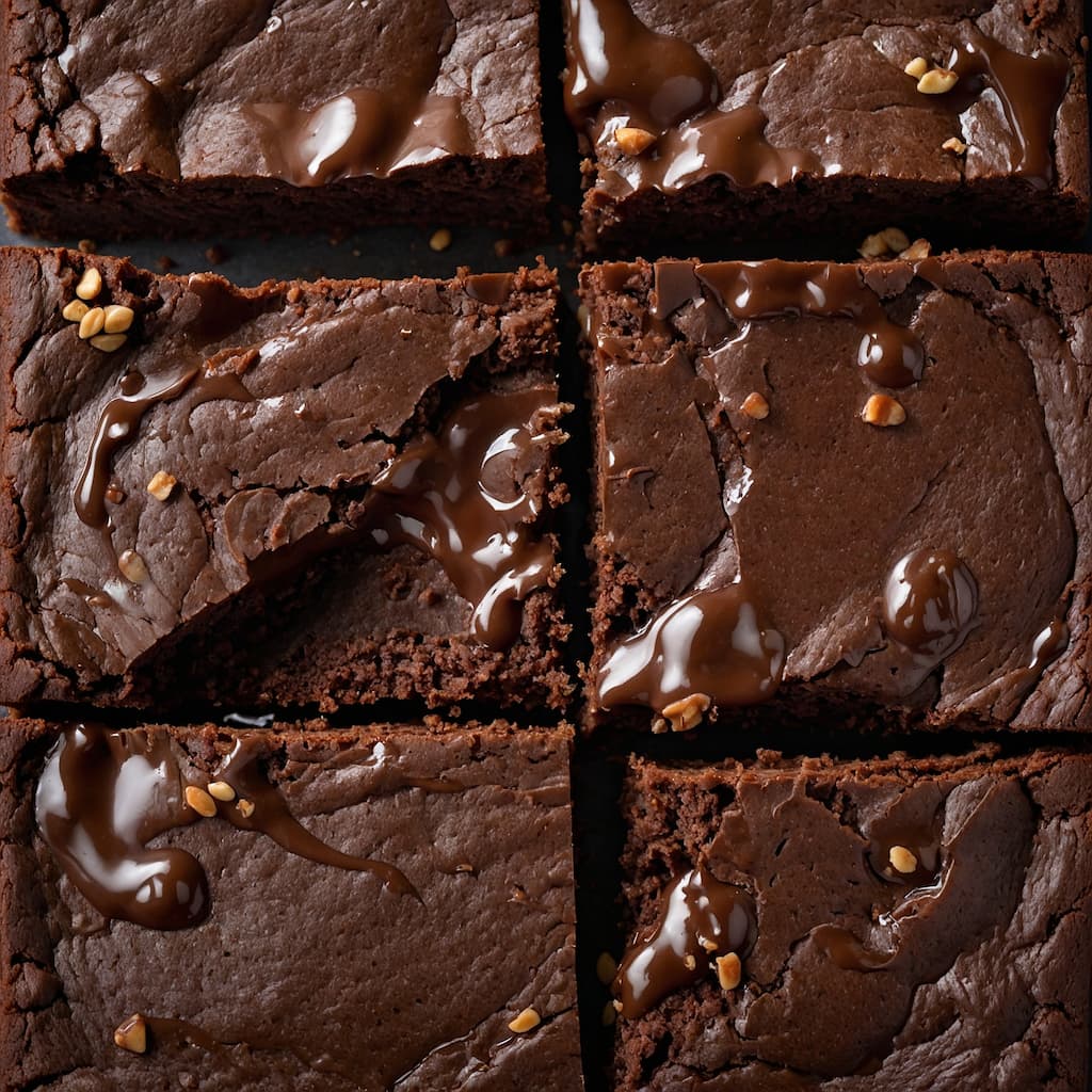 Close-up de brownie partido mostrando casquinha brilhante e interior fudgy.