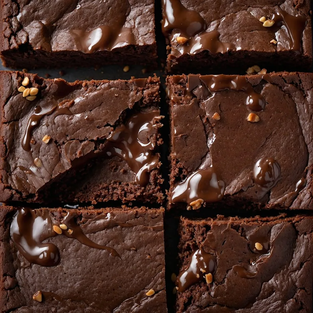 Close-up de brownie partido mostrando casquinha brilhante e interior fudgy.