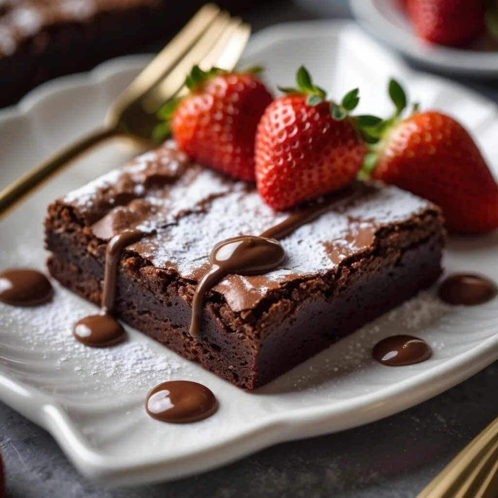 Brownie decorado com açúcar de confeiteiro e morangos frescos, servido em prato elegante.