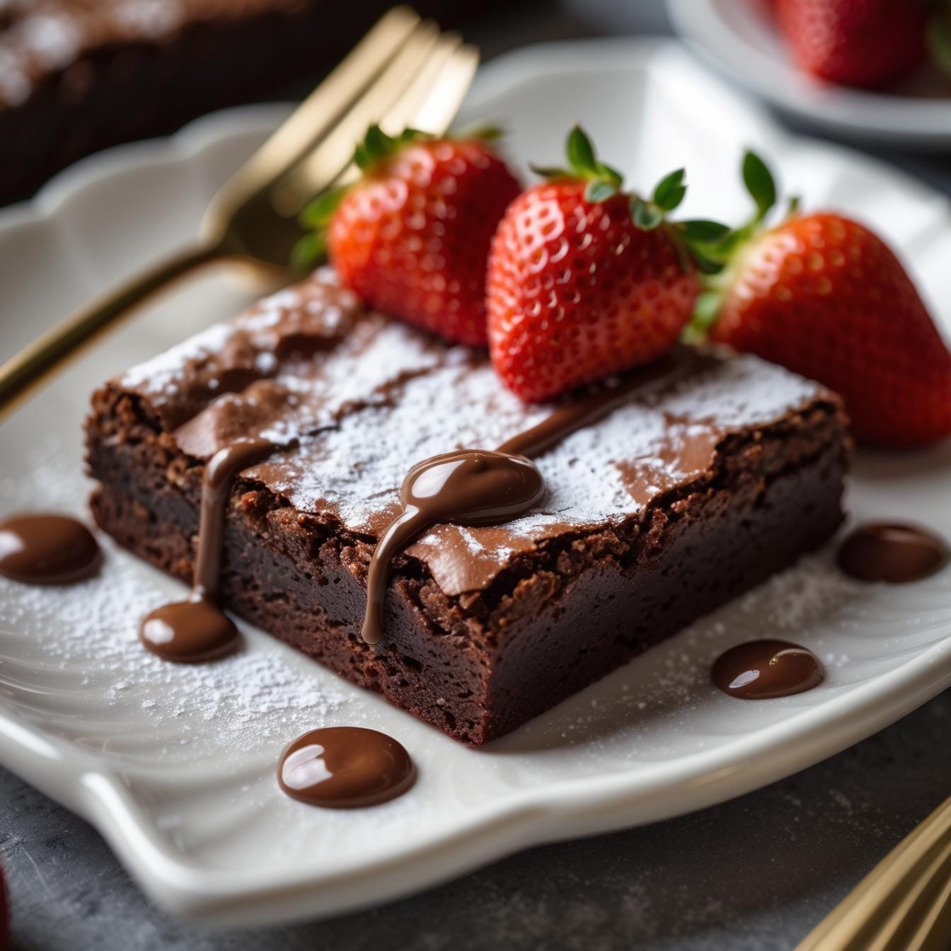 Brownie decorado com açúcar de confeiteiro e morangos frescos, servido em prato elegante.