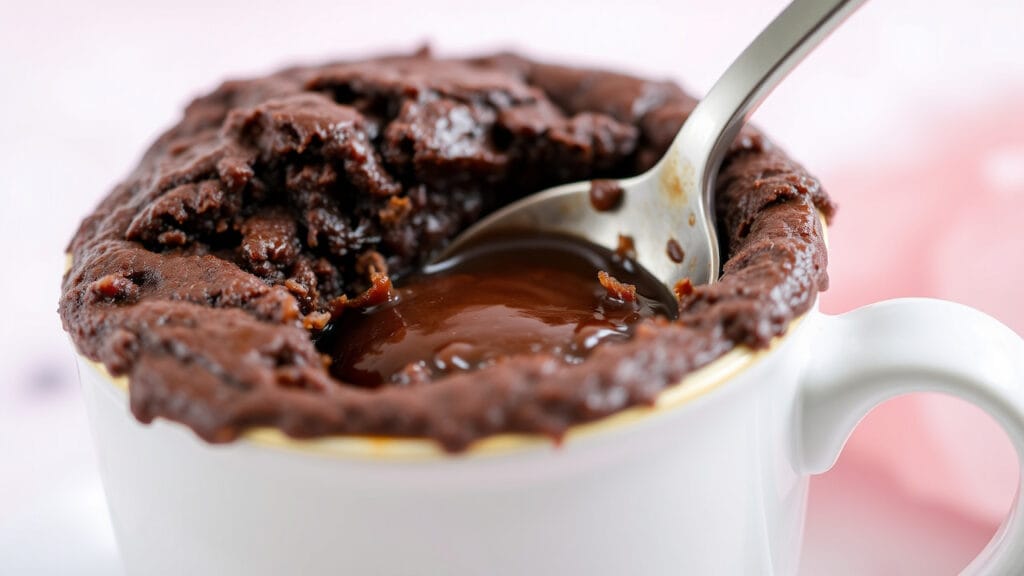 Close de um brownie de caneca com centro cremoso sendo servido com colher, sobremesa fácil pronta em 2 minutos.
