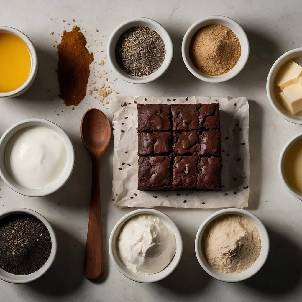 Foto com ingredientes tradicionais e alternativos para brownie lado a lado em ambiente clean.