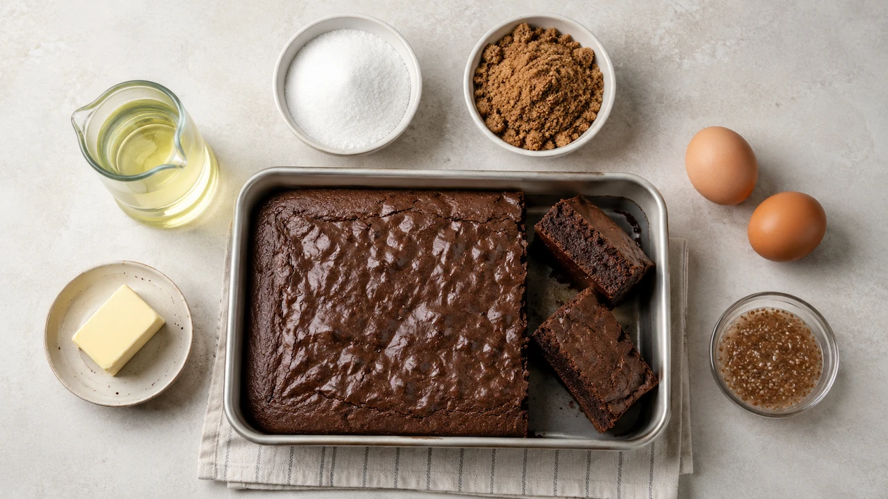 Brownie assado ao centro com comparações entre manteiga e óleo, açúcar branco e mascavo, ovos e gel de linhaça.