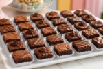 Mini brownies para festa em forminhas de papel, com brigadeiro, confeitos e fios de chocolate.