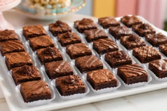 Mini brownies para festa em forminhas de papel, com brigadeiro, confeitos e fios de chocolate.