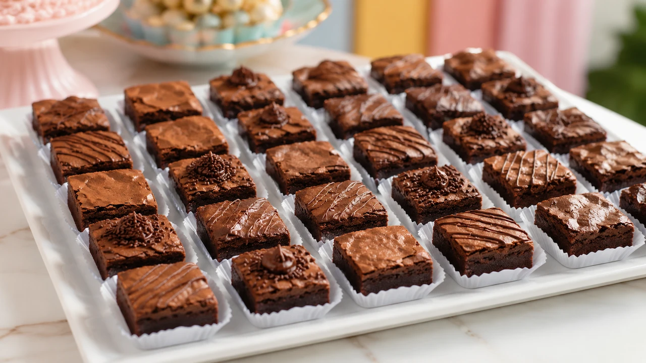 Mini brownies para festa em forminhas de papel, com brigadeiro, confeitos e fios de chocolate.