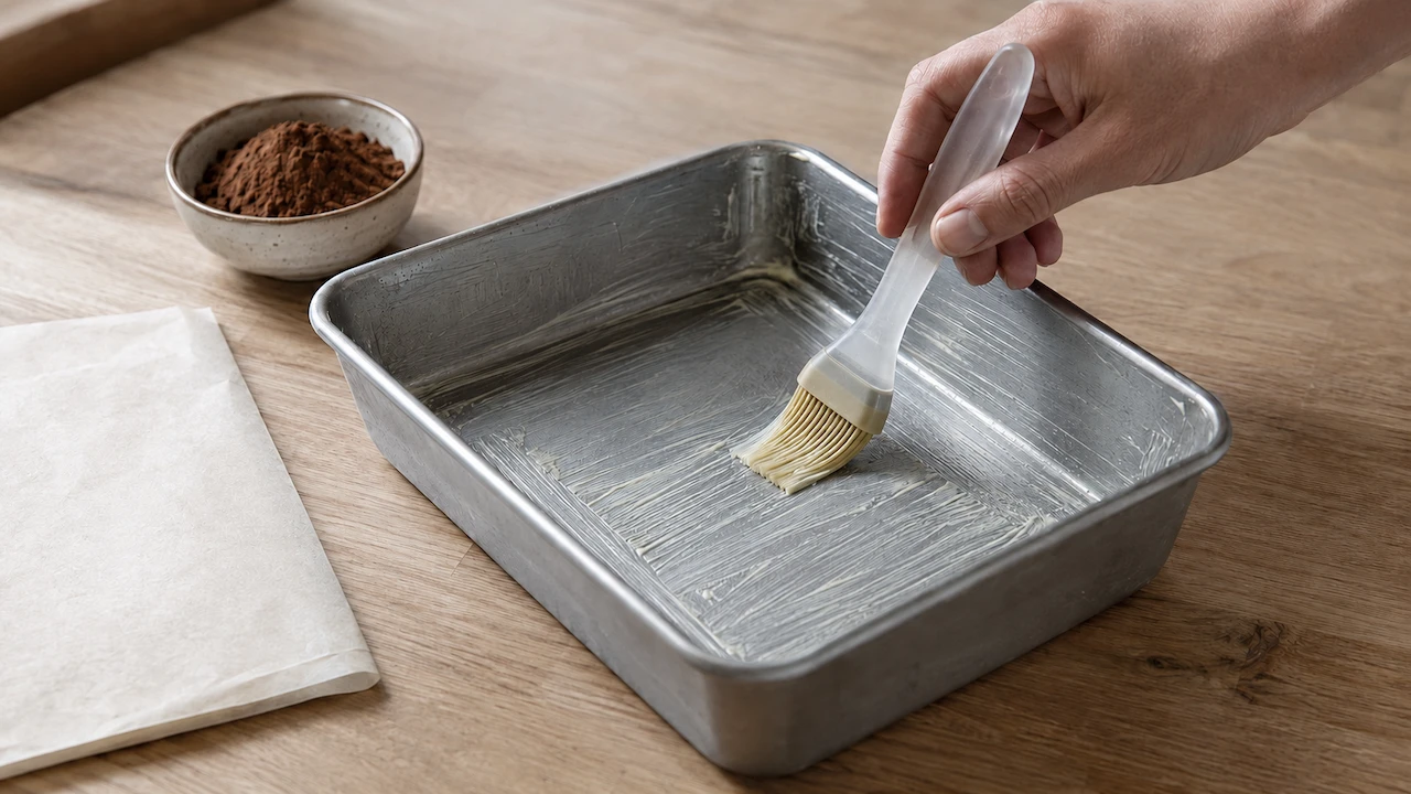 Pincel espalhando manteiga em uma forma para brownie
