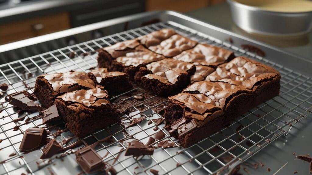 Brownies quebrados sobre uma grade de resfriamento, com pedaços de chocolate e massa espalhados, mostrando falhas na receita.