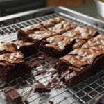 Brownies quebrados sobre uma grade de resfriamento, com pedaços de chocolate e massa espalhados, mostrando falhas na receita.