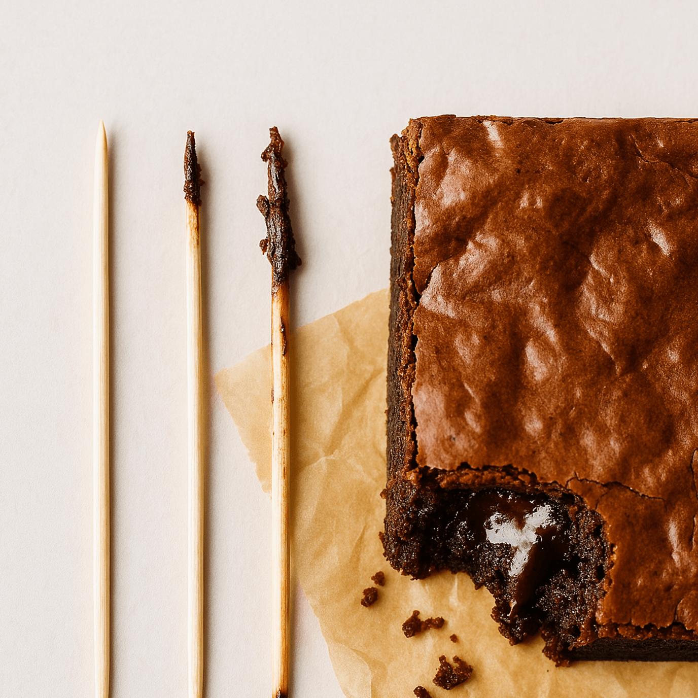 Palito com migalhas de brownie indicando o ponto certo de cozimento.