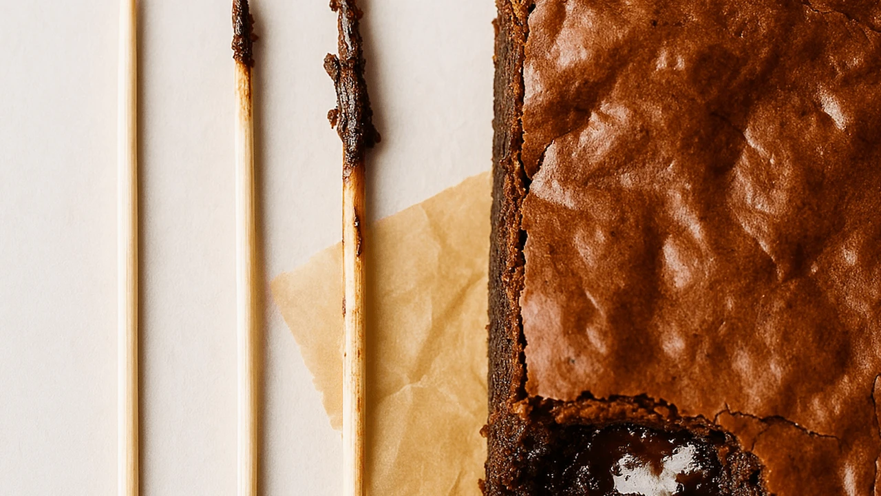 Palito no centro do brownie com migalhas úmidas, indicando o ponto certo