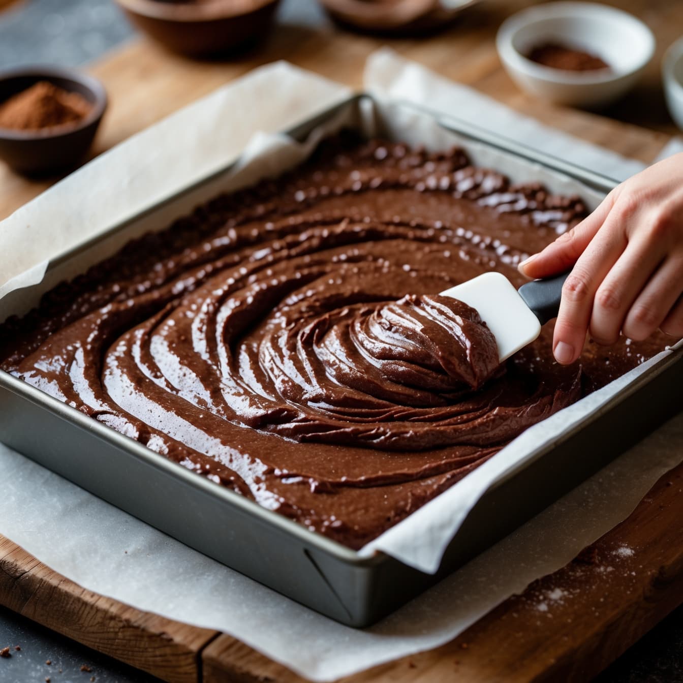 Mão espalhando massa de brownie em forma untada com papel manteiga.