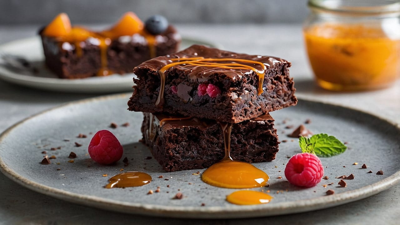 Brownies recheados com frutas vermelhas, mel e caramelo cremoso, decorados com framboesas e hortelã