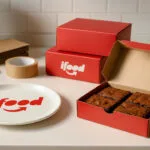 Foto em estúdio mostrando uma bancada de confeitaria organizada com caixas de brownies prontas para entrega, ao lado de um prato vermelho com a logo do iFood