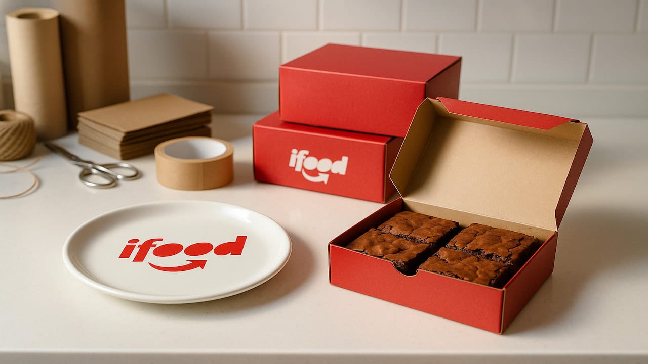 Foto em estúdio mostrando uma bancada de confeitaria organizada com caixas de brownies prontas para entrega, ao lado de um prato vermelho com a logo do iFood