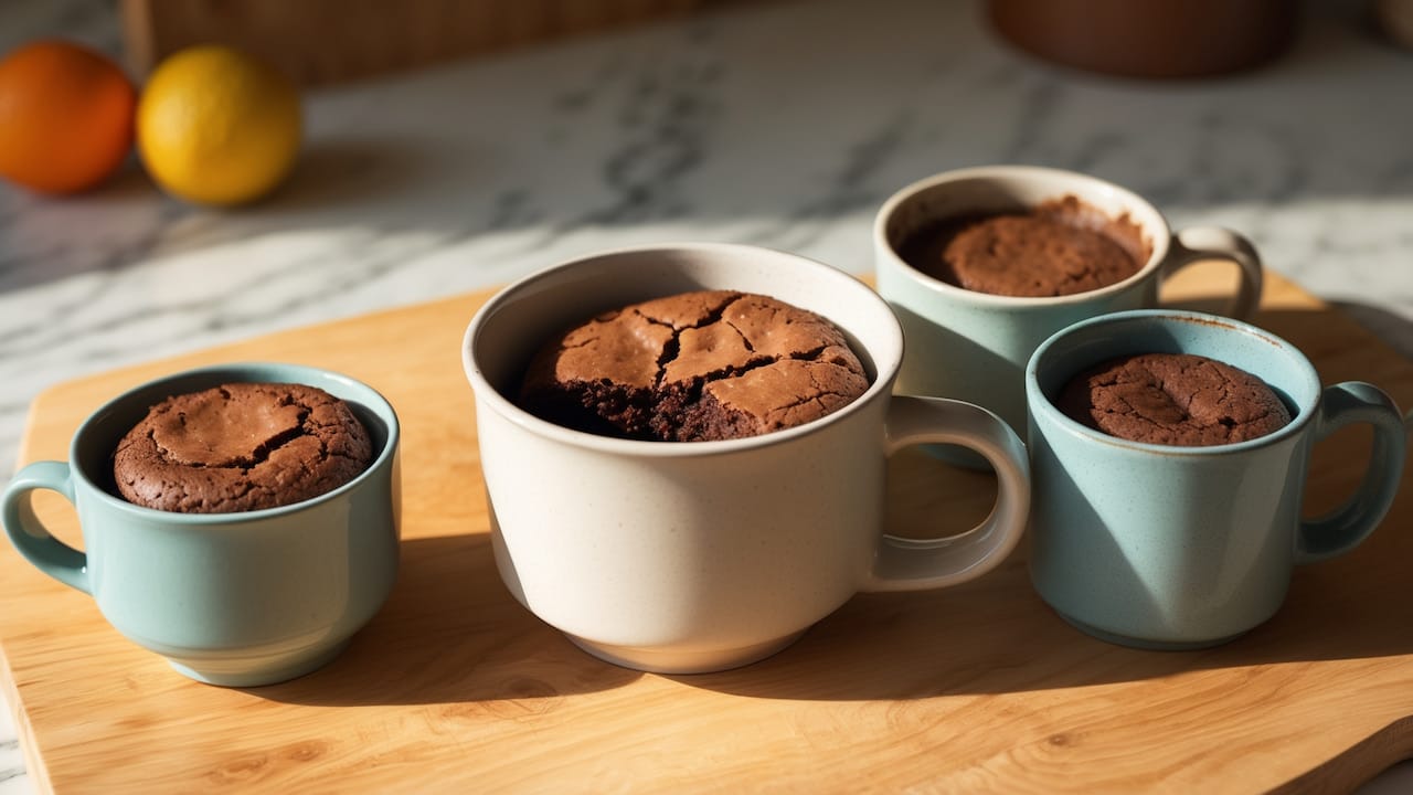 Quatro canecas com brownies de micro-ondas