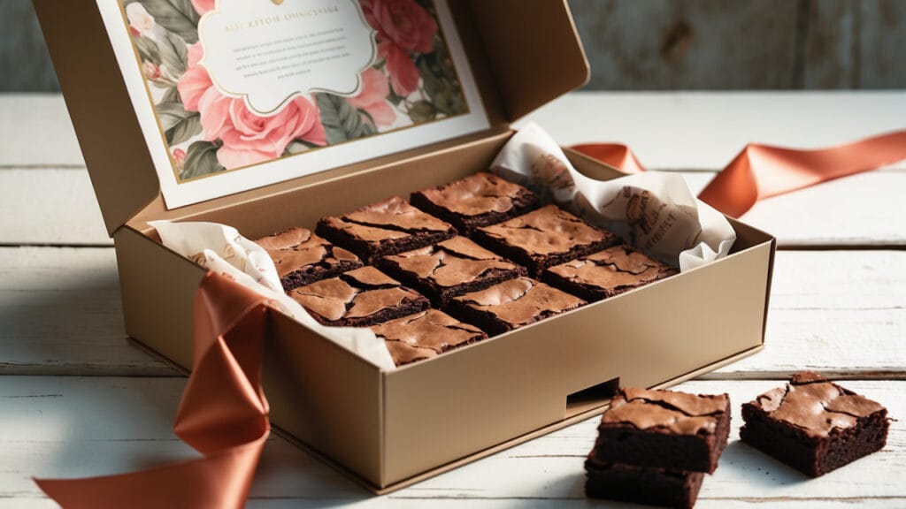 Caixa dourada aberta com brownies organizados, papel decorado e laço de cetim sobre mesa rústica branca