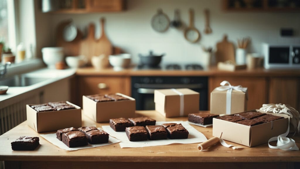 Brownies sendo embalados em caixas simples sobre mesa de madeira em cozinha caseira iluminada